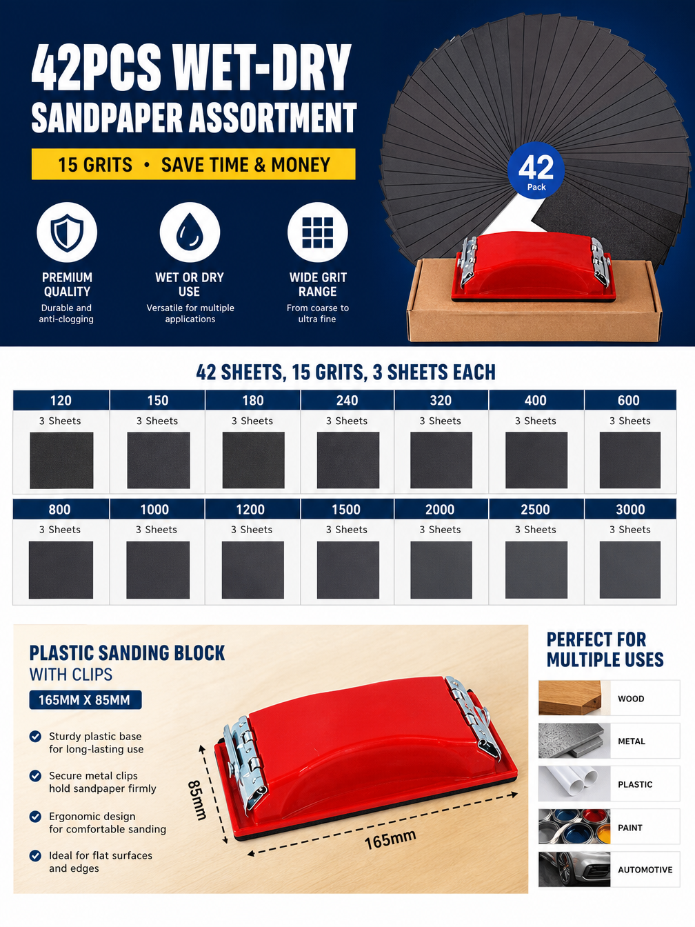 42pcs Sandpaper P120 - P3000 with Sanding Block