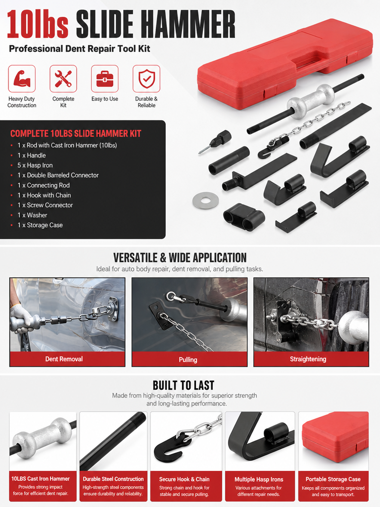 13PC SLIDE HAMMER DENT PULLER SET - 10LBS KIT