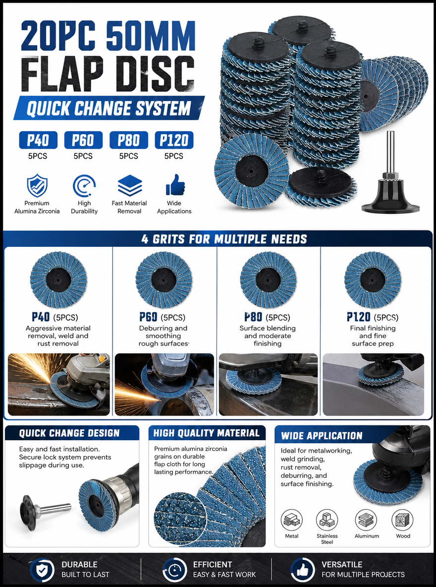 20PC 50mm QUICK CHANGE FLAP DISC SET
