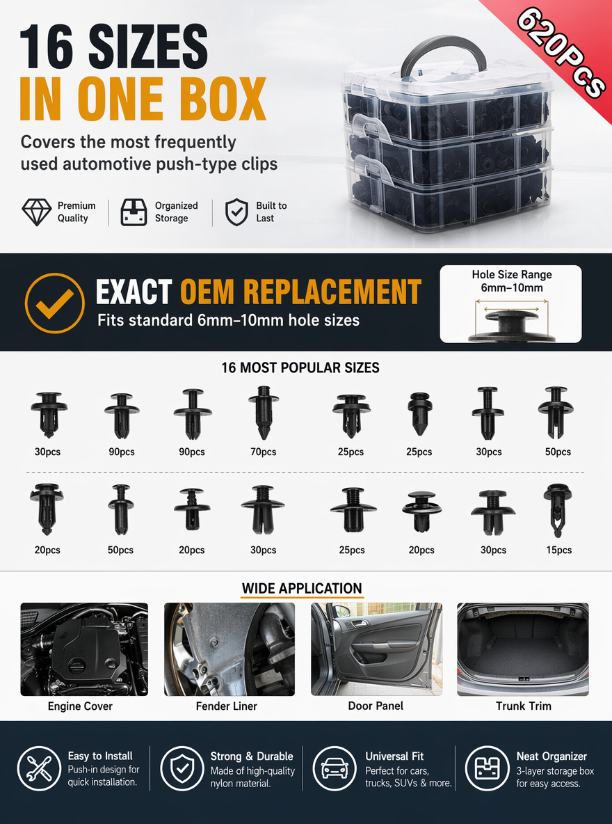 620PCS Clip Kit – Bumper, Guard & Liner Fasteners (16 Sizes)