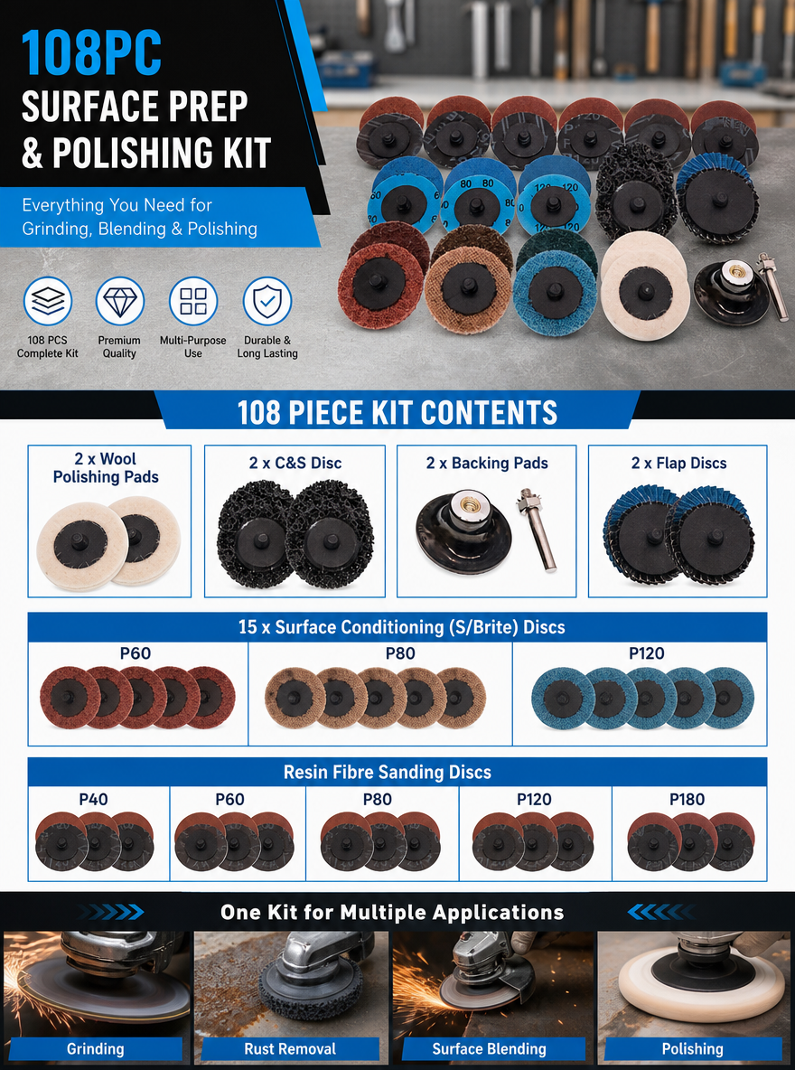 108pcs 2Inch Roll Lock Sanding Disc Kit with Backing Pad Quick Change Discs