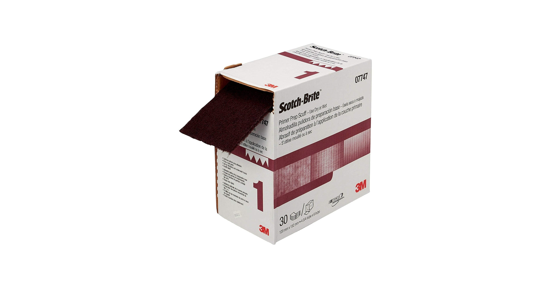 3M 07747 SCOTCH BRITE PRIMER BLEND SCUFF PAD MAROON ROLL 120 X 152MM 30PK
