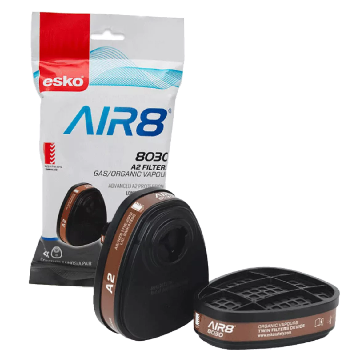ESKO - AIR8 A2 CARTRIDGE (PAIR) FILTERS ORGANIC GAS/ VAPOUR - FOR TWIN FILTER RESPIRATOR