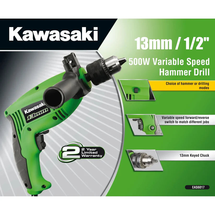 KAWASAKI 13MM 500W VARIABLE SPEED HAMMER DRILL