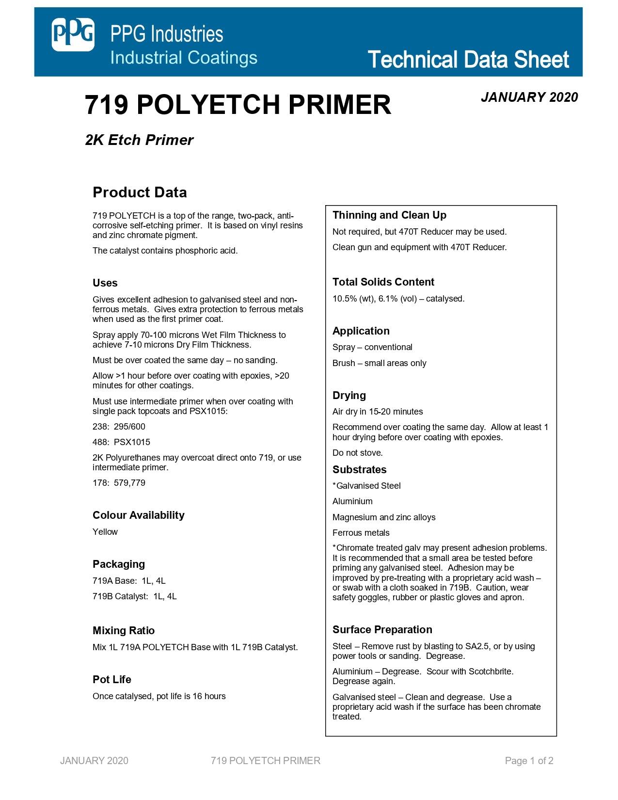 PPG 719A Polyetch Primer Yellow 2 Liter Kit