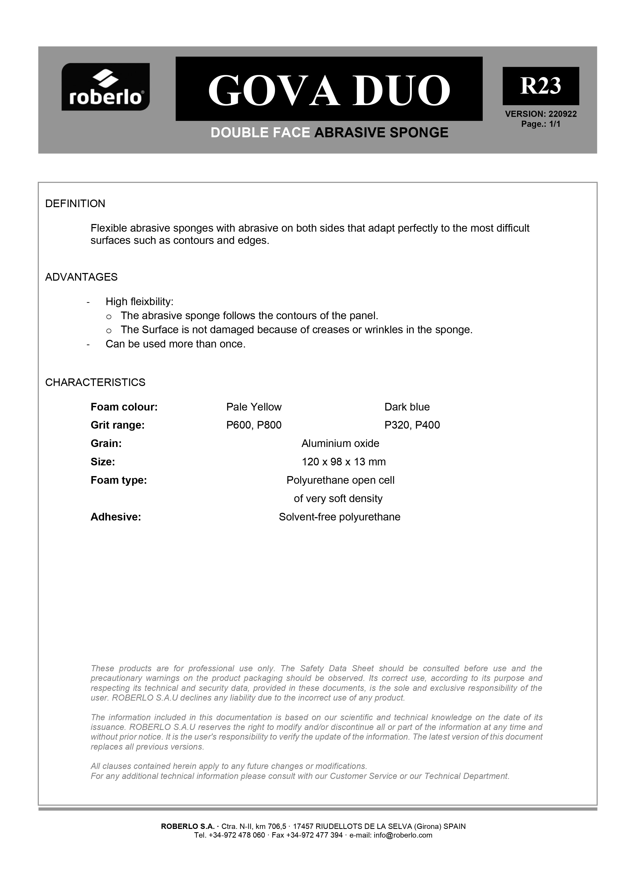 ROBERLO GOVA DOUBLE SIDED ABRASIVE SPONGE - MICROFINE P600 - P800