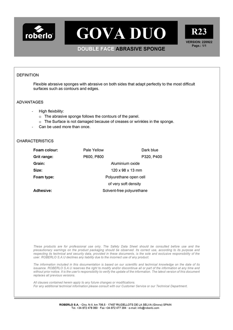 ROBERLO GOVA DOUBLE SIDED ABRASIVE SPONGE - MICROFINE P600 - P800