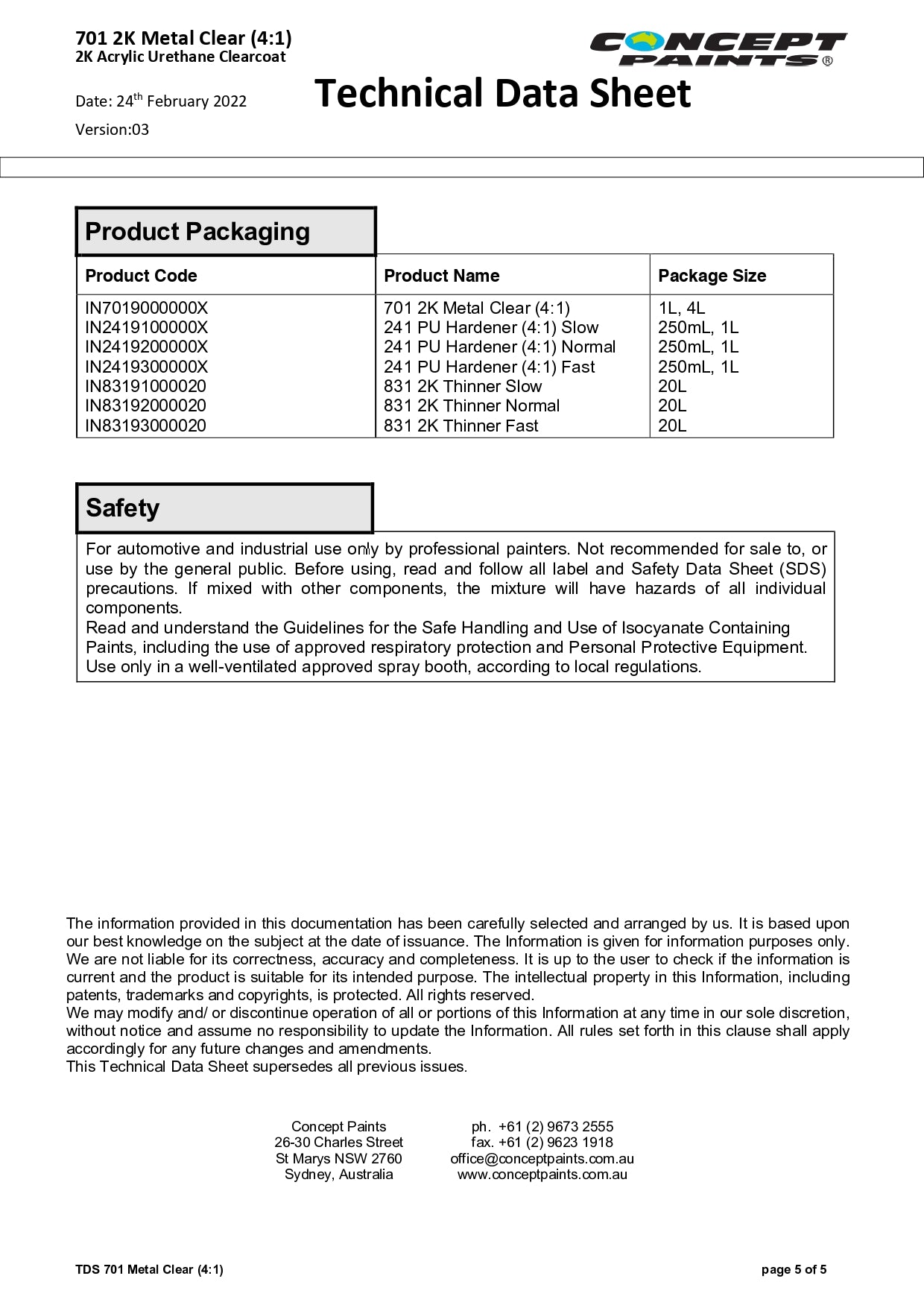 CONCEPT 701 2K METAL CLEAR 4:1 1.25L Kit