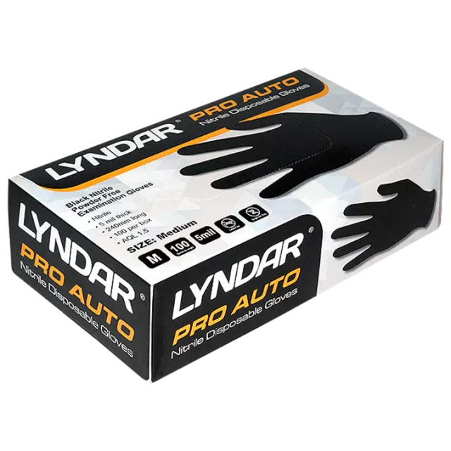 LYNDAR PRO AUTO BLACK NITRILE GLOVES MEDIUM (BOX 100)