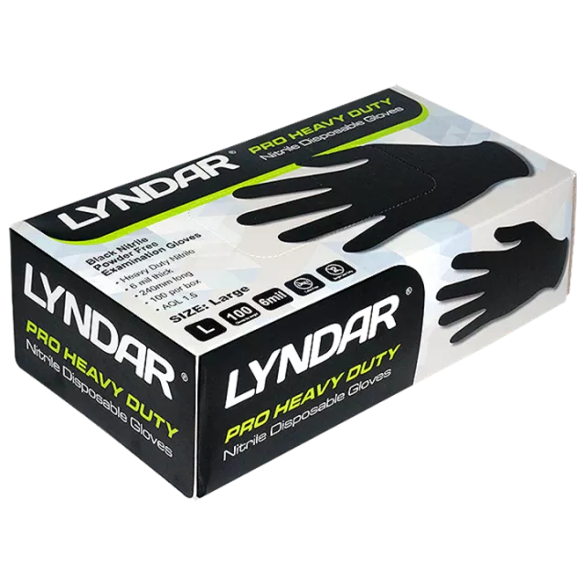 LYNDAR PRO HEAVY DUTY BLACK NITRILE GLOVES LARGE (BOX 100)