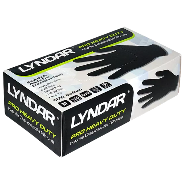 LYNDAR PRO HEAVY DUTY BLACK NITRILE GLOVES MEDIUM (BOX 100)