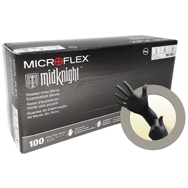 MICROFLEX MIDKNIGHT BLACK PF NITRILE GLOVES LARGE (BOX 100)