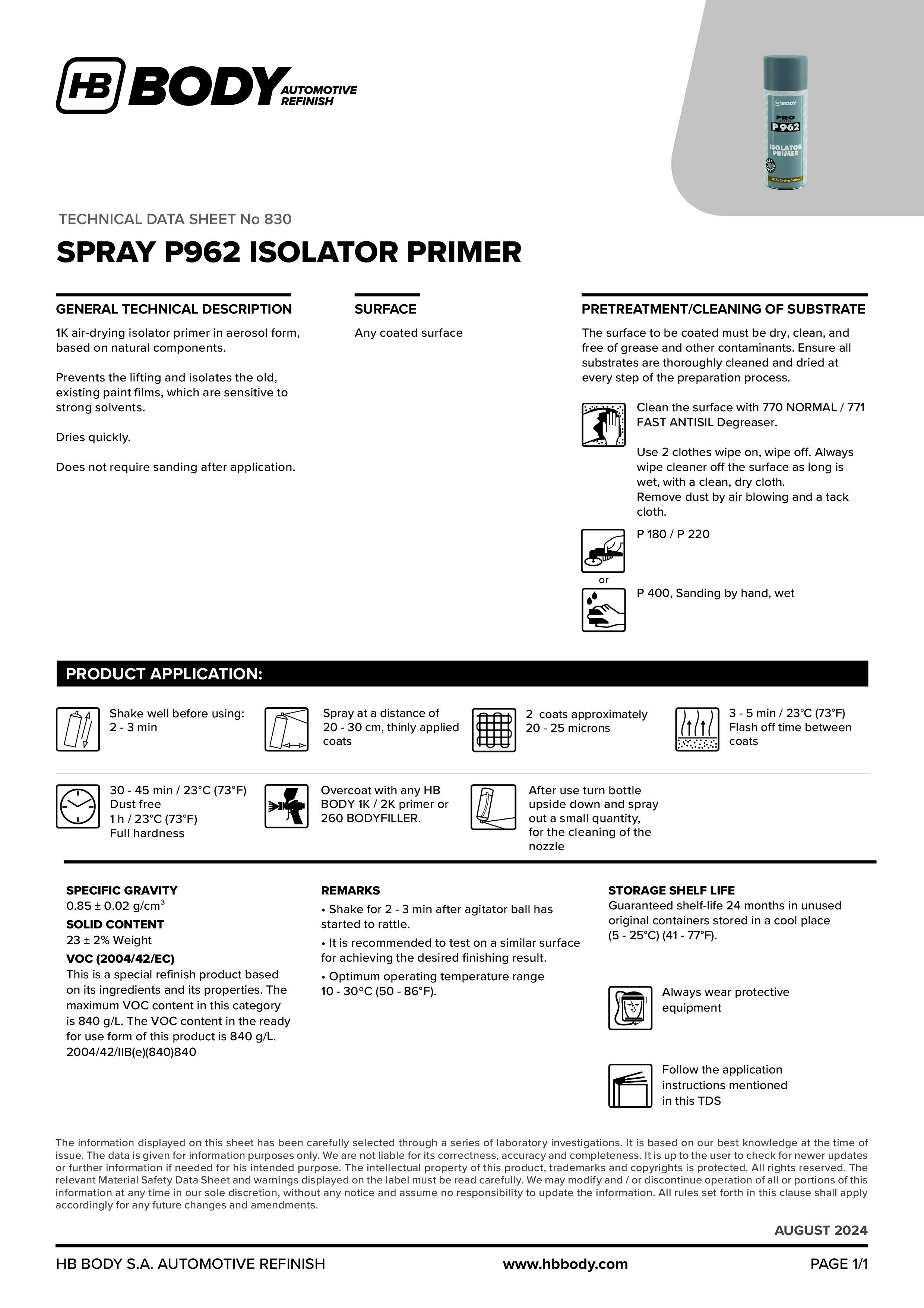 P962 1K Isolator Primer Spray Can 400mL