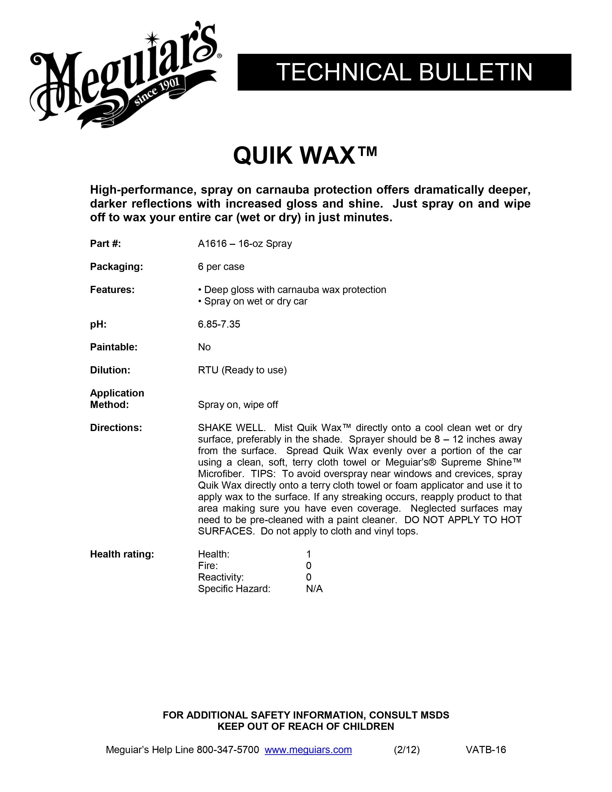 MEGUIARS A1624 QUIK WAX 709ml