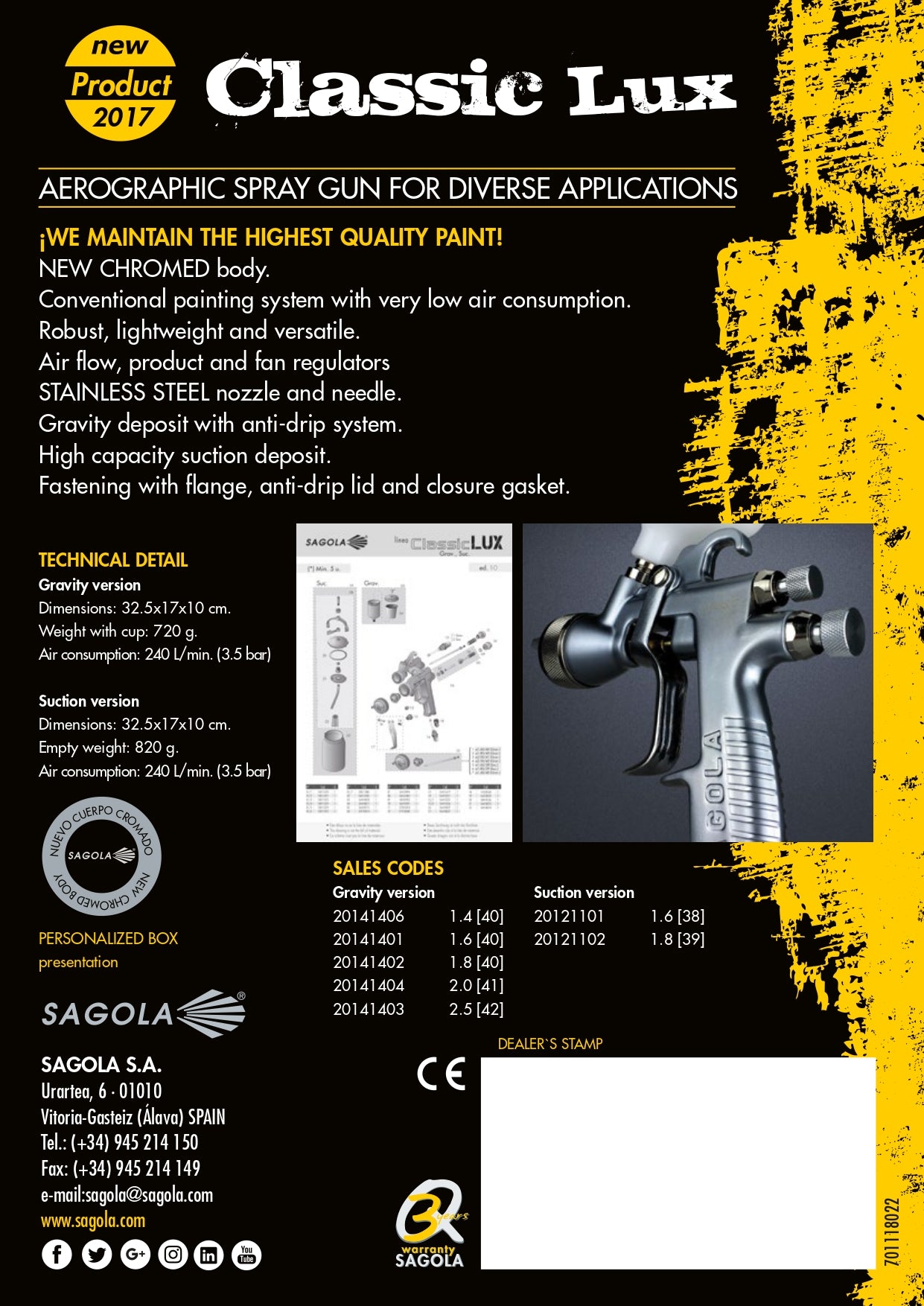 SAGOLA SPRAY GUN GRAVITY CLASSIC LUX 1.4 & POT