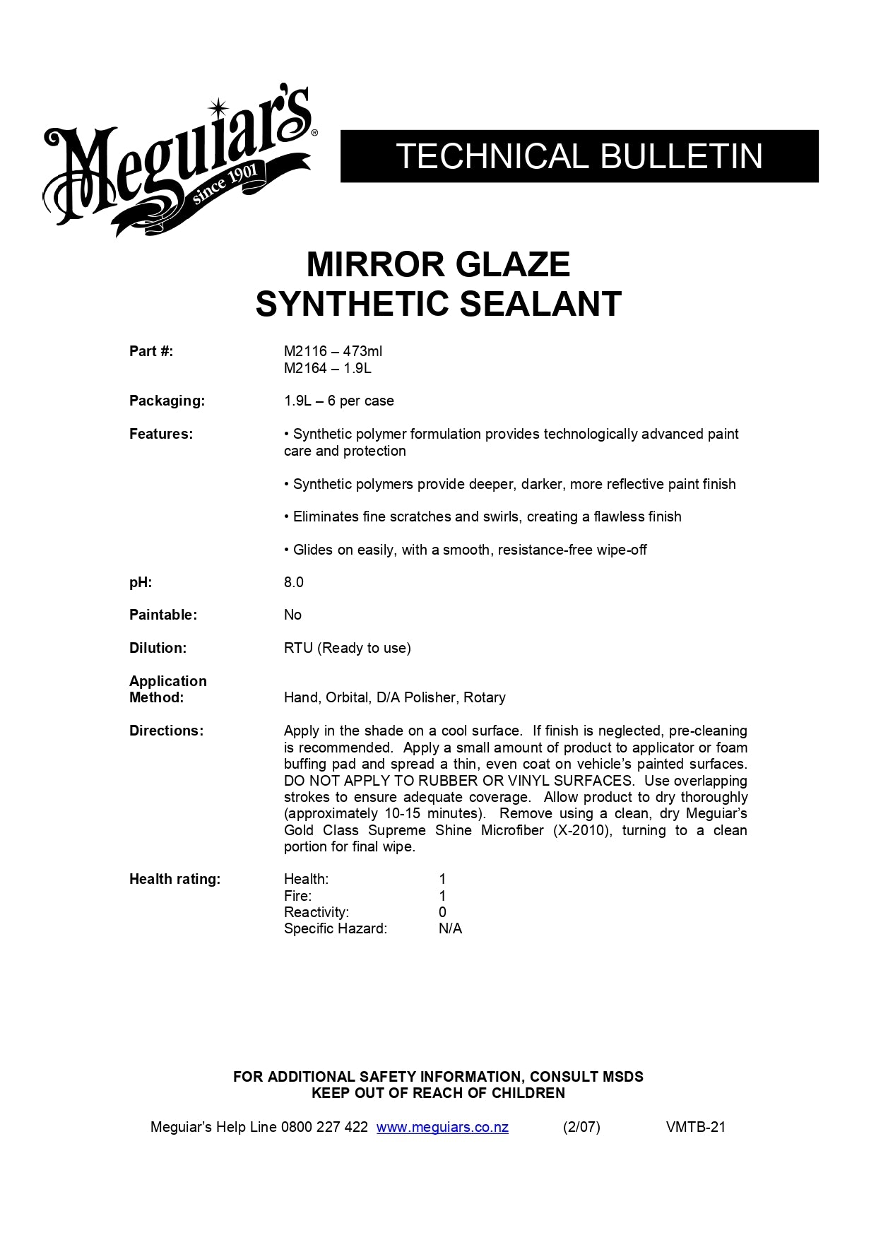 MEGUIARS M2116 MIRROR GLAZE SYNTHETIC SEALANT 473ml